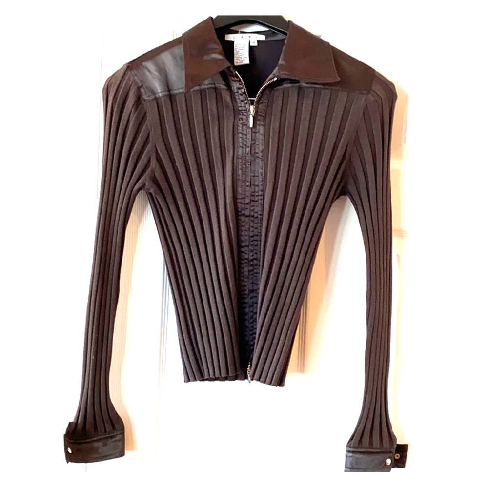 Cabi Zip Front Silk Collar and Accent Top